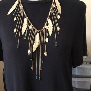 Gold Feather Fringe Necklace with Turquoise Beads - Women Jewelry
